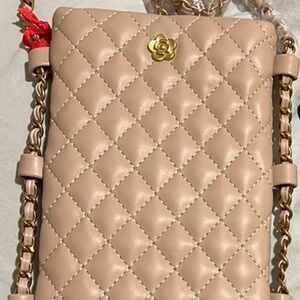 Chic Chanel Inspired Quilted Cell Phone Holder Beige Tan Bag